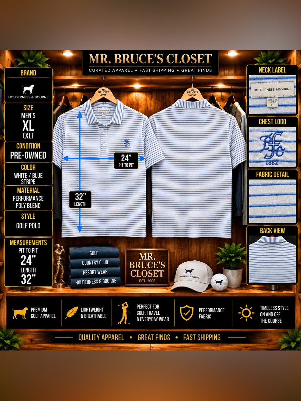 Holdeness & Bourne Men’s White/Blue Stripe Golf Polo